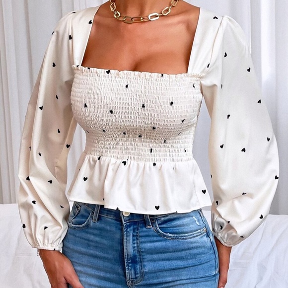 Boho Heart print Square Neck Peplum Top Beige - Picture 2 of 7